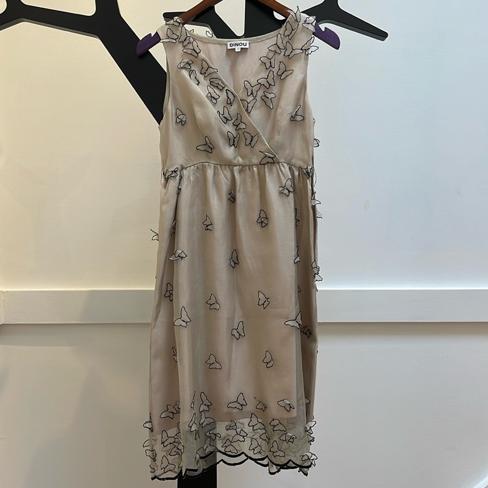 100% silk chiffon butterfly dress beige and black size 38 XS - Picture 3 of 11